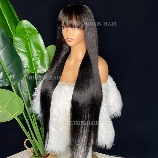 150 Density Raw Remy Virgin Brazilian Indian 100% Human Hair Straight 4x4 Transparent Closure Wig with Bang 32 Inches