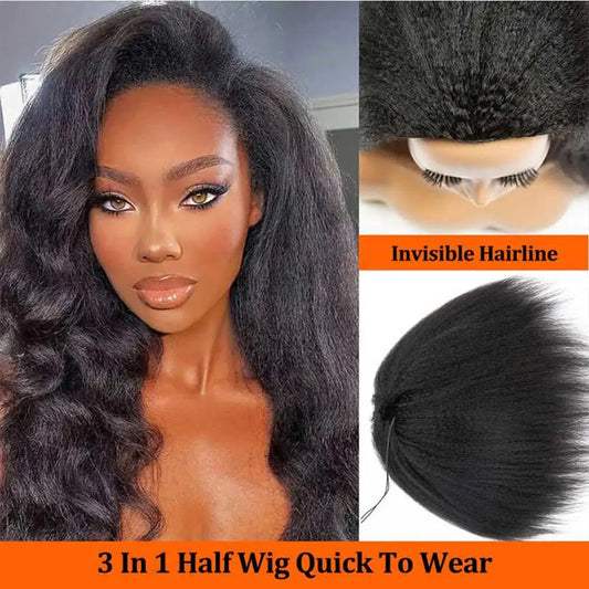 Kinky Straight Half Wig Human Hair Glueless Wig Human Hair Ready to Wear 3 IN 1 Half Wig Drawstring Yaki Straight Glueless Wig