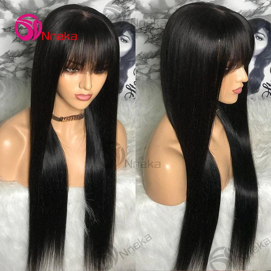 Bone Straight Human Hair Wig With Bangs For Women 30 Inch Brazilian 3x1 Lace Wigs Glueless Wig Human Hair Natural Black Color