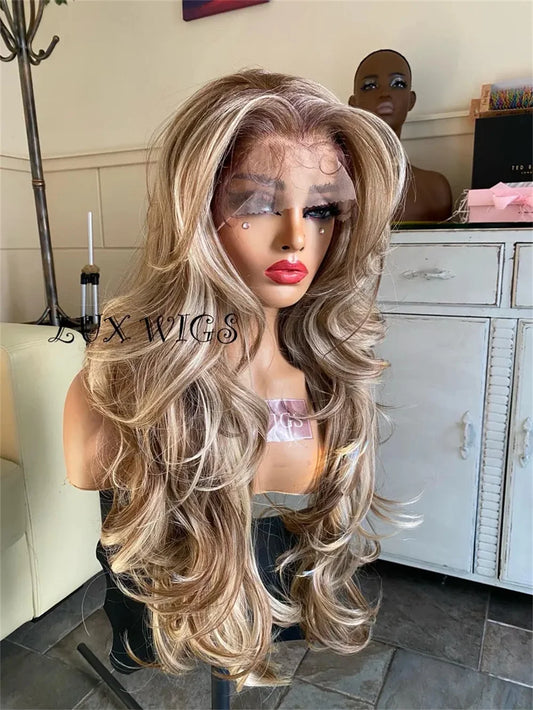Long Blonde Balayage Wig 13x4 Blonde Lace Front Wig 30 inches Light Dark Medium Blonde Brown Highlights Wavy Wig Women Daily Use