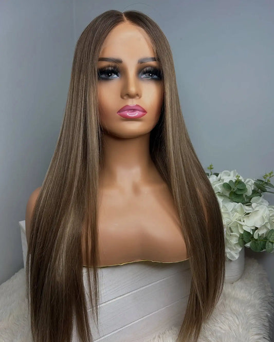 Highlight Ombre Ash Blonde Brown Colored Natural Lace Front Wigs Synthetic Soft Wig Straight Middle Part  13X4 Frontal Lace Wigs