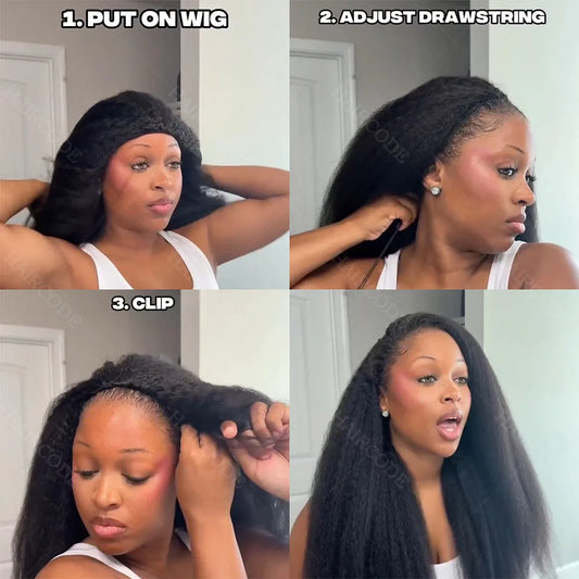 250% Density Kinky Straight Drawstring Half Wig Human Hair No Lace Wig Invisible Hairline 3 IN 1 Flip Over Clip In 3/4 Wig