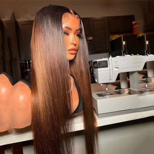 Ombre Brown Color Soft 26“Long Straight 180Density Lace Front Wig Synthetic For Women High Temperature Glueless Daily